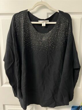 Max Studio Black Sweatshirt with Silver Rhinestone Neckline